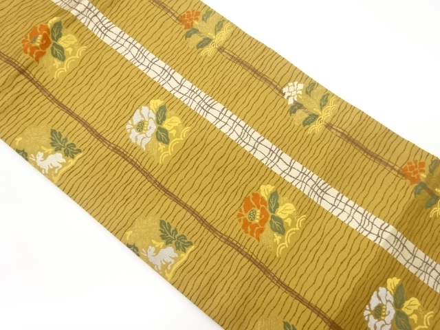 縞に角倉文・草花模様織出し名古屋帯